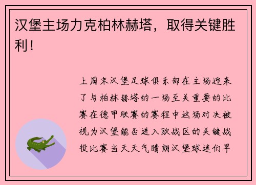 汉堡主场力克柏林赫塔，取得关键胜利！