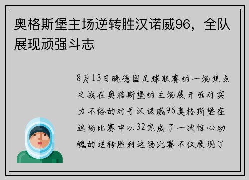 奥格斯堡主场逆转胜汉诺威96，全队展现顽强斗志